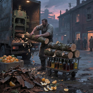 Man loading logs onto a truck with a cart full of bottles in an urban setting.