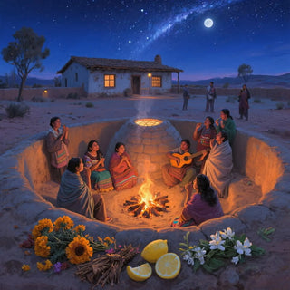 Group of people gathered around a fire pit in a desert setting under a starry sky.