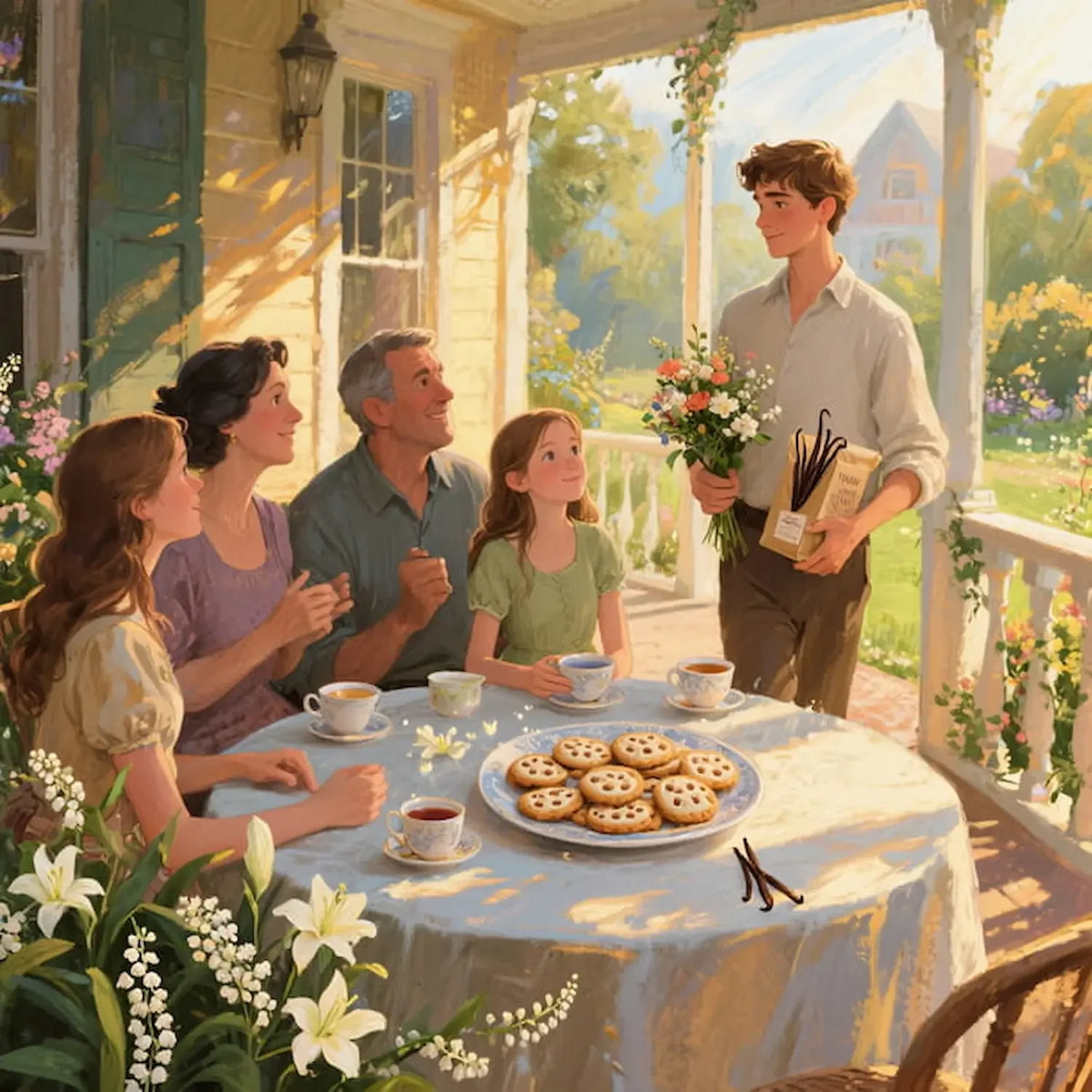 Family gathered around a table on a porch, enjoying tea and cookies with a man holding flowers.