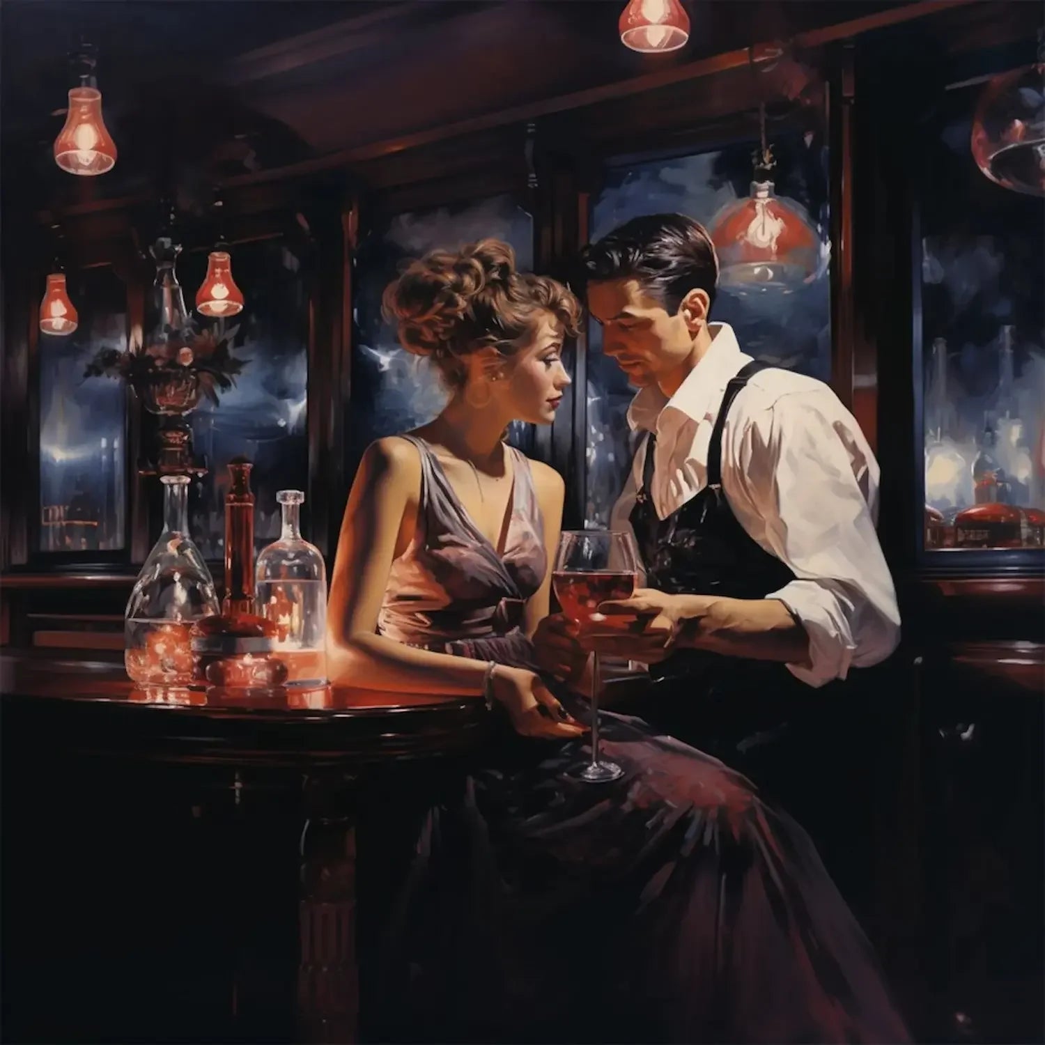 Man and woman sitting at a bar, engaged in conversation.