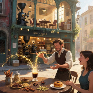 Man and woman at a café table with coffee and pastries, surrounded by vintage coffee equipment.