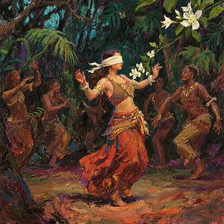 Painting of a woman in a colorful dress dancing in a forest with other figures.