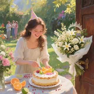 Woman cutting a cake outdoors with flowers and people in the background