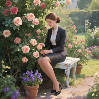 Woman in a garden with blooming roses and flowers