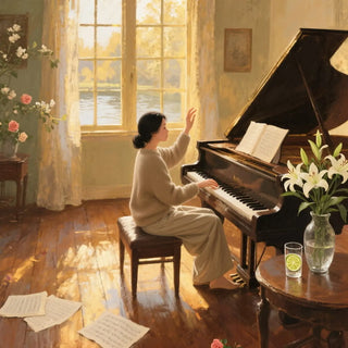 Woman playing a piano in a sunlit room with flowers and a glass of water on a table.