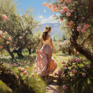 Woman in a pink dress walking through a garden with blooming trees and mountains in the background