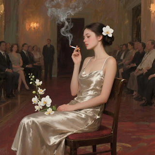 Woman in a gold dress smoking a cigarette in an elegant room with people in the background