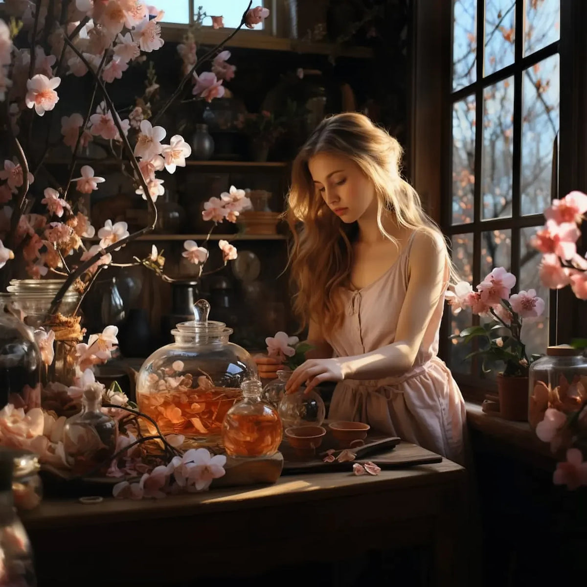 Woman in a vintage setting with floral decorations and tea set