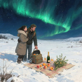 Two people enjoying a picnic under the Northern Lights in a snowy landscape.