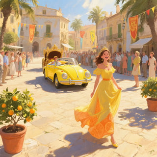 Woman in a yellow dress walking on a street with a yellow car and people in the background