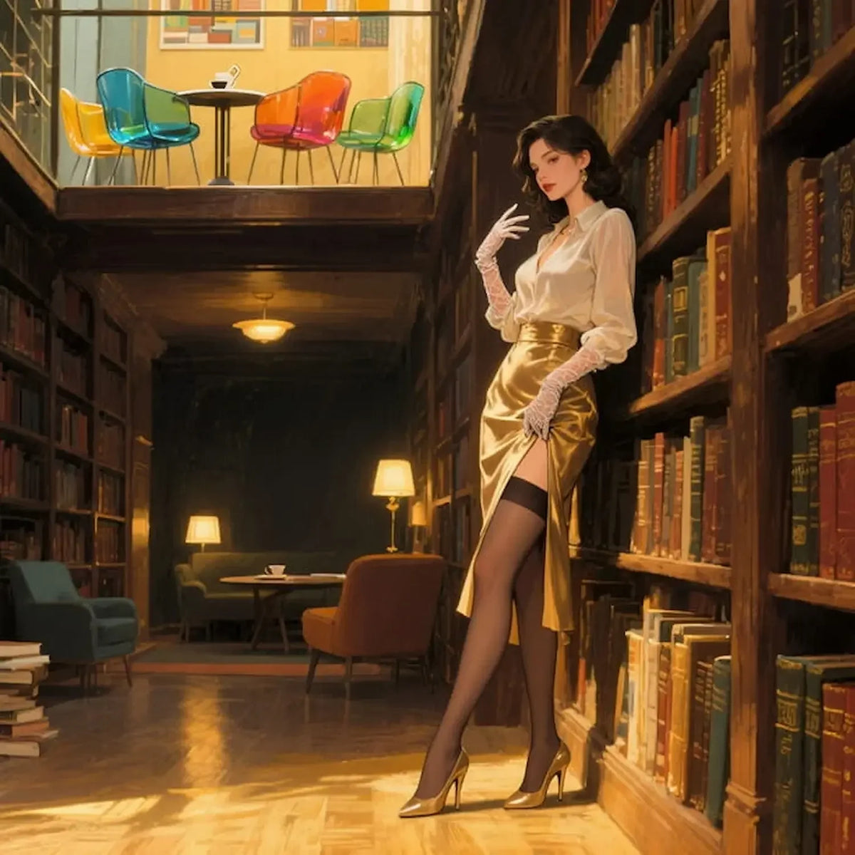 Woman in a gold skirt standing in a library with colorful chairs in the background