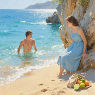 Man and woman on a beach with a bag of fruit near the water.