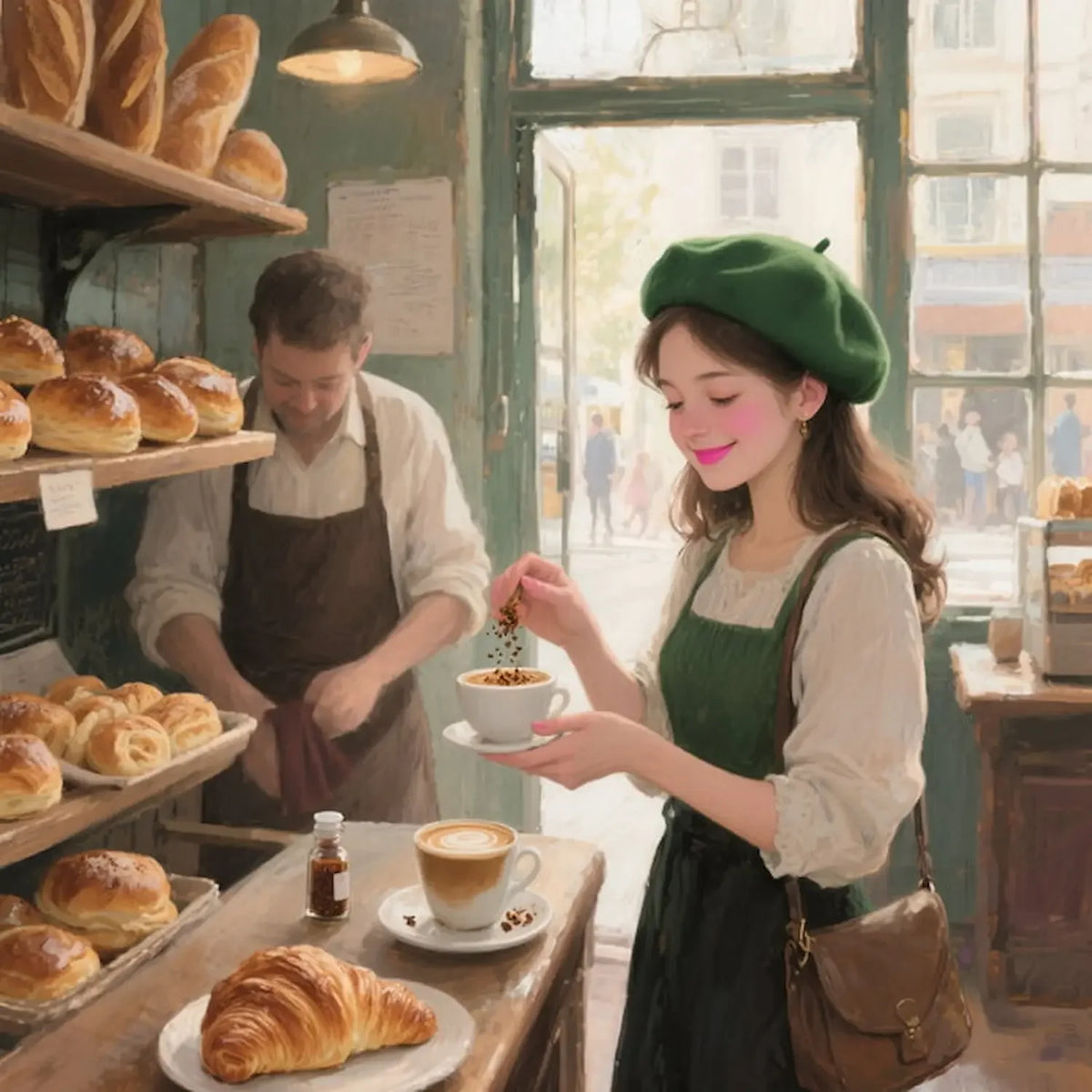 Woman in a bakery wearing a green beret and apron, holding a cup of coffee.