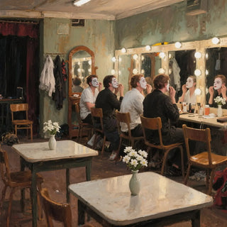 Actors preparing for a performance in a theater dressing room.