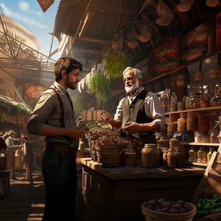 Two men in a market setting with shelves and products.