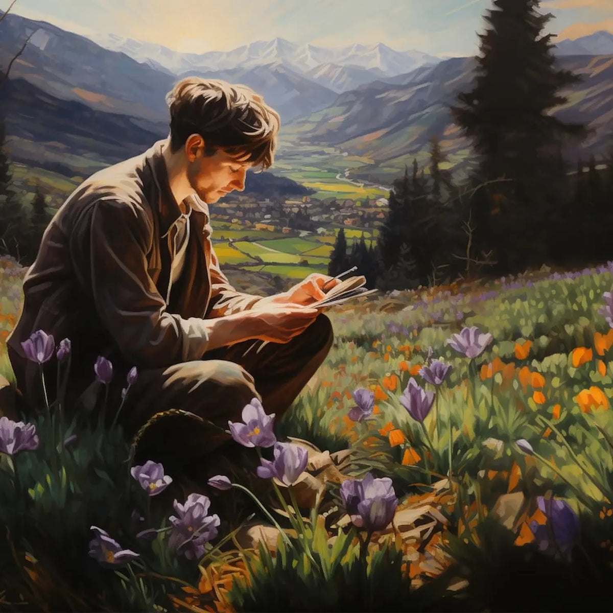 Person reading a book in a scenic mountain landscape with flowers and trees.