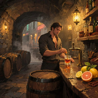 Man pouring a drink in a rustic bar setting with barrels and bottles.
