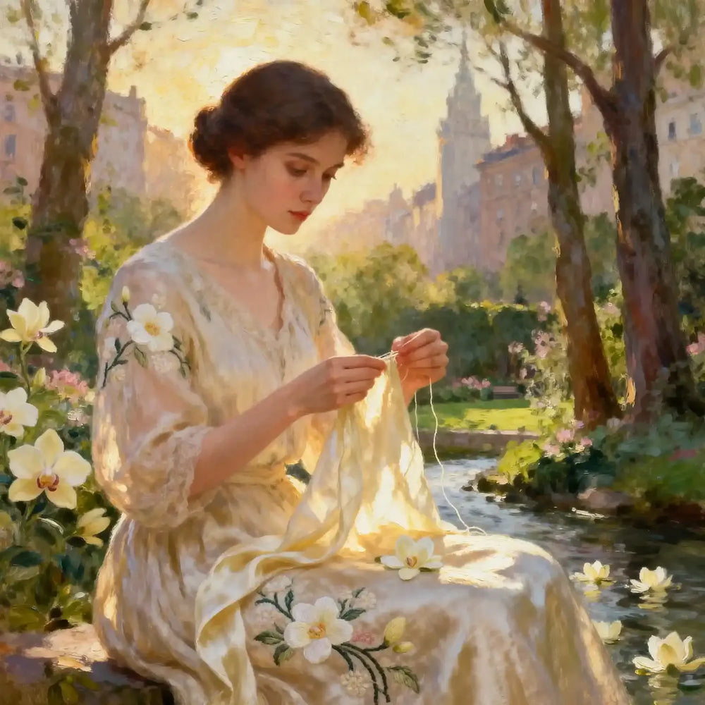 Woman in a garden with flowers and buildings in the background