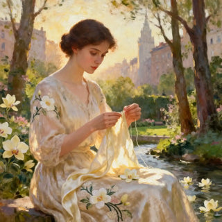 Woman in a garden with flowers and buildings in the background