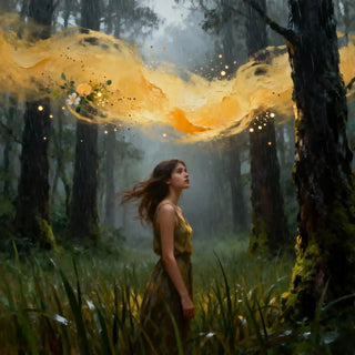 Woman in a forest with glowing orange energy swirling around her