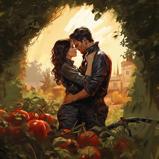 Couple embracing in a garden with tomatoes and a village in the background